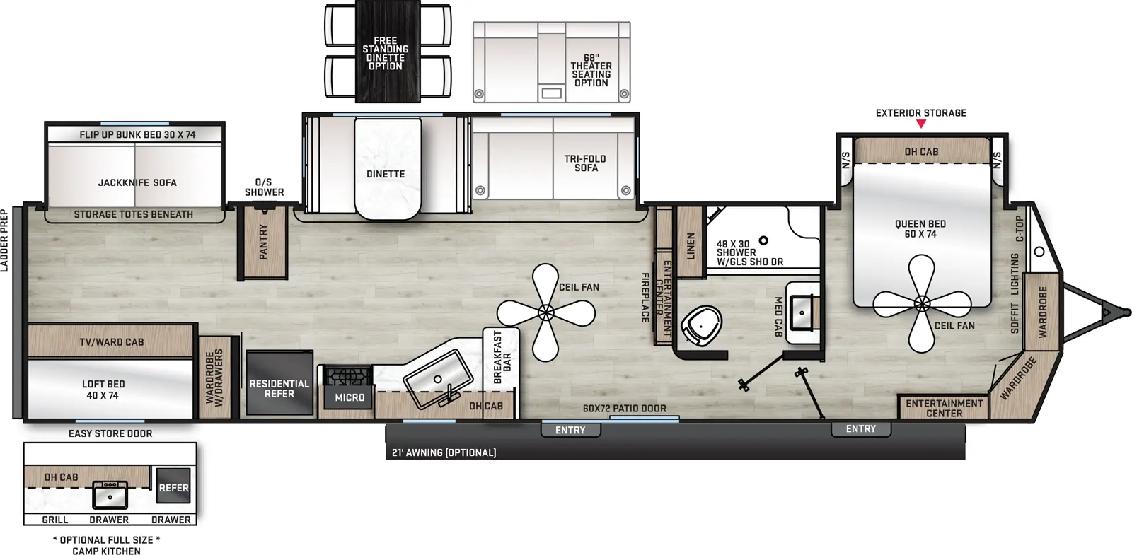 The 40BHTS has three slide outs two entry doors. Exterior features include an optional 21 foot awning. Interior layout front to back: front bedroom with off door side queen bed slide out with overhead cabinet and night stands on each side, paddle fan, front countertop and wardrobe, door side entertainment center, and entry door; off door side full bathroom with linen closet and medicine cabinet; entertainment center with fireplace along inner wall; patio door entry; off-door side slide out containing tri-fold sofa (optional theater seating) and dinette, and a pantry; door side kitchen containing breakfast bar, paddle fan, sink, overhead cabinet, cook top stove, microwave, and residential refrigerator; rear bunk room with off door side slide out with COA cube futon with flip up bunk above, and door side wardrobe with drawers and loft bed with TV/wardrobe below. Optional free standing dinette available in place of standard dinette. Optional full size camp kitchen with grill, sink, refrigerator, drawers and overhead cabinet available on the rear door side.